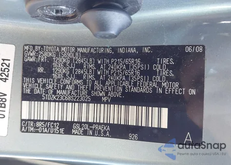 2008 Toyota Sienna Le z USA, uszkodzony, nr VIN 5TDZK23C68S223025